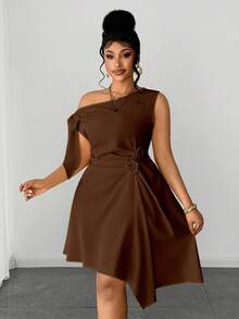 Maweii Đầm casual dáng xòe bất đối xứng, màu vàng, thiết kế độc đáo, thanh lịch, phù hợp cho phụ nữ cỡ lớn, thích hợp cho mùa xuân hè. - màu nâu - Xem 2
