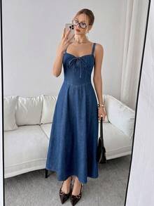 Siren Gaze Đầm denim dài hai dây thời trang nữ - Màu xanh lam - Xem 5
