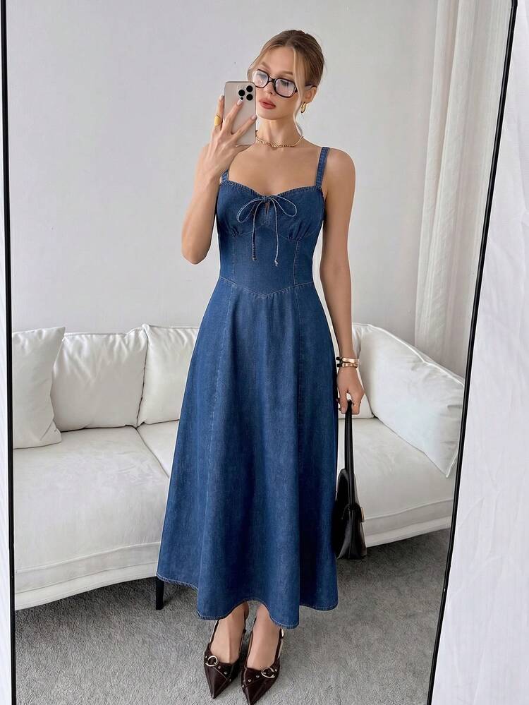 Siren Gaze Đầm denim dài hai dây thời trang nữ - Màu xanh lam - Xem 5