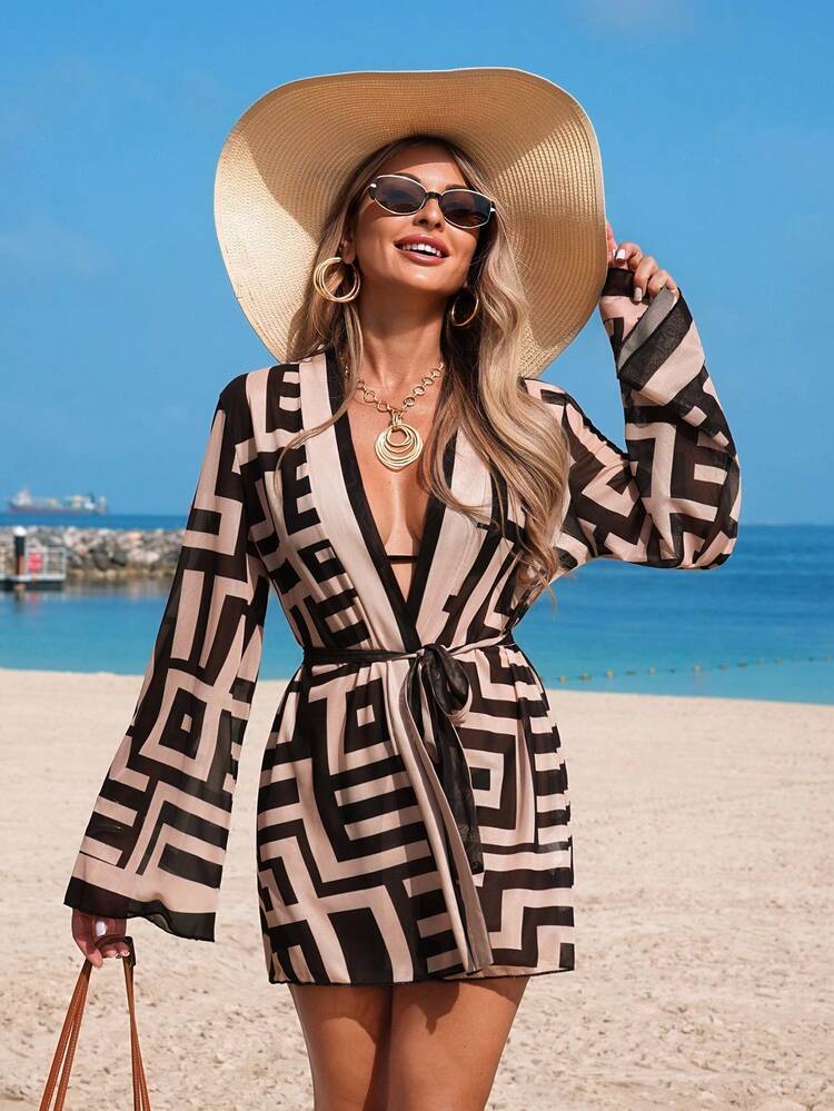kimono beach dress Swim Vcay Women's Black And Beige Summer Boho Tropical Vacation Chiffon Cover Up, Ocean Inspired Shell Print Holiday Swimwear, Elegant Resort Color:NAVY STRIPE Complement the bold print red dresses What to Wear to