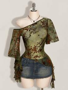 SHEIN ICON Women's Flocked Plant Print Asymmetric Neck Short Sleeve Top - Multicolor - View 3