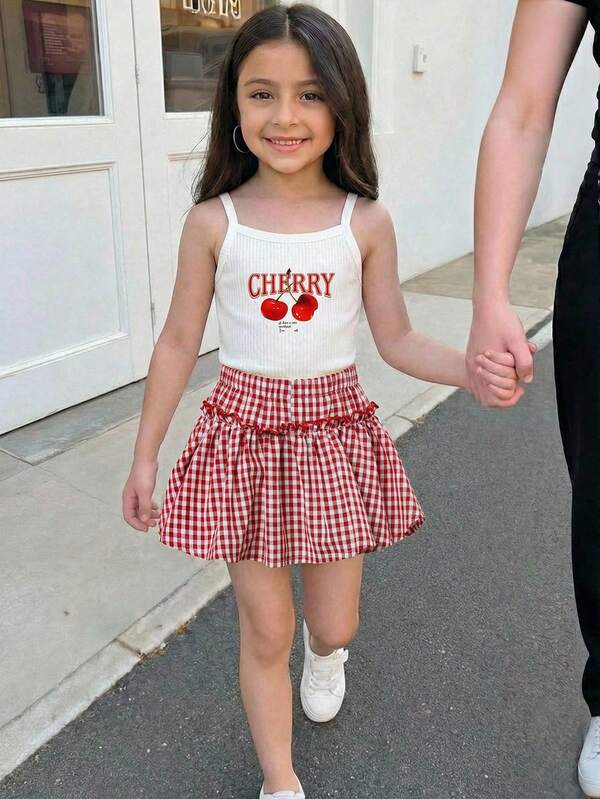 Firerie Kids 2pcs/Set Young Girls Embroidered Knit Vest + Ditsy Floral Skirt Shorts, Casual Cute Fashion Outfit For Outing, Photoshoot, Park, Camping, Daily, Party, Vacation