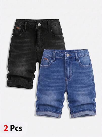 SHEIN 2Pcs Tween Boy Fashion Casual Y2k Vintage Cool Street Patch Details Design Simple And Comfortable Basic Blue And Black Elastic Tight Denim Shorts 2-Piece Set For Kids Clothes Tween Boy Dailywear And Kids Spring To Summer Rave Outfits Festival And Outfits Streetwear Clothes