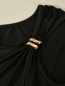 GlowEve 女士树叶图案拼接设计金属扣装饰不对称领无袖A字腰连衣裙，魅力优雅，适合日常、度假、通勤、约会，法式街头时尚复古百搭，春夏款，无袖黑色杏色印花拼接新款中长连衣裙 - 彩色 - 查看 5
