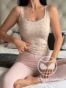 DAZY 甜美碎花无袖吊带背心，带胸垫，女士夏季休闲上衣 - 淺粉色 - 查看 1