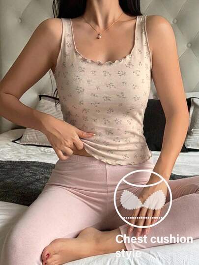 DAZY Áo hai dây không tay họa tiết hoa nhí ngọt ngào có đệm ngực, áo nữ mùa hè kiểu dáng thường ngày.