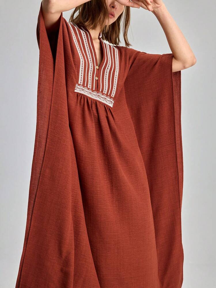 2026SS Spring/Summer New Arrival Women's Mid-Length Loose Dress, Bestselling Solid Red, Brown, Minimalist Elegant Urban Chic, Batwing Sleeve, Shoulder Design, Embroidery, Pleated A-Line V-Neck, Suitable For Outing, Holiday, Party, Wedding Guest, Office, School, Fashion Versatile Midi Dress,All-Match Wardrobe,Color-Blocking Design