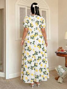 FleurLily Elegant White Summer Ditsy Floral Dress With Square Neck,Puff Sleeves,Waist Cinching,Ruffle Hem,Flowy A-Line Silhouette,Curve Party Holiday Garden - Multicolor - View 2