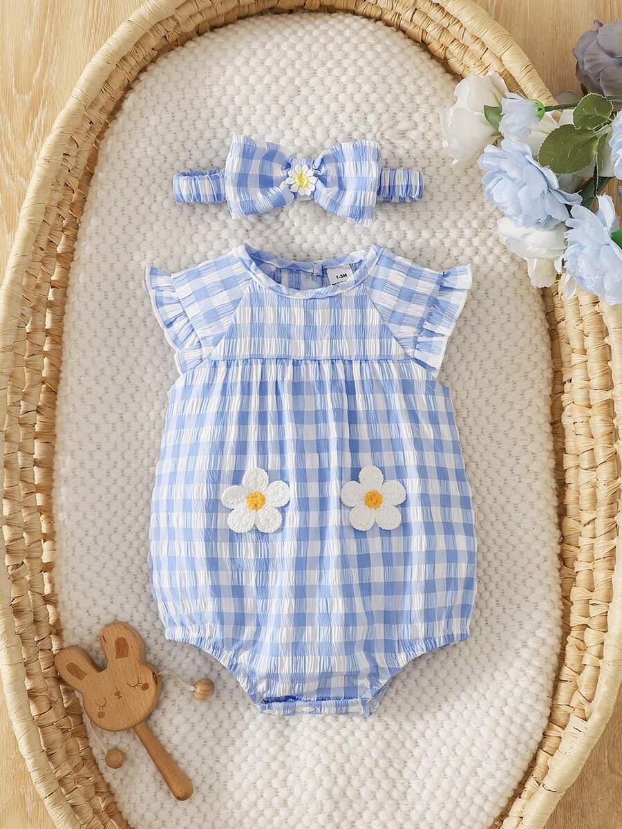 SHEIN 2件套夏季女婴连体衣+发带，新生儿优雅甜美可爱波点印花套装 - 藍色 - 查看 1