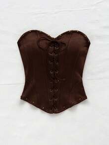SHEIN Tall CURVE CURVE Plus Size Women's Tall Girls Solid Color Corset Bandeau Top,Brown,Summer,Western 70's,Night Out Club, High-Waisted Elegant Vest For Party - Brown - View 4