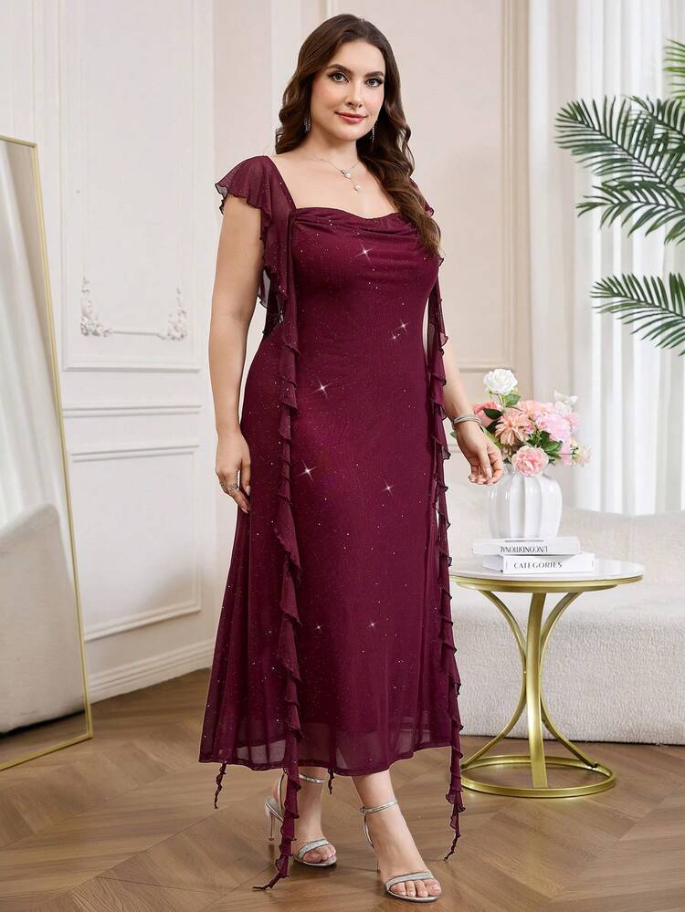 Reflora Đầm dài dáng suông bằng vải lưới co giãn thanh lịch dành cho nữ cỡ lớn, thoải mái, mềm mại, cổ vuông, ôm sát cơ thể. - Gỗ đỏ - Xem 6
