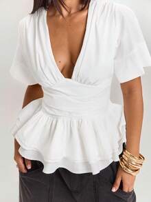 SHEIN BAE Women's Elegant White Deep V-Neck Pleated Ruched Short Sleeve Layered Peplum Top,Summer Casual Versatile Daily Wear Brunch Vacation Office Dressing - White - View 2