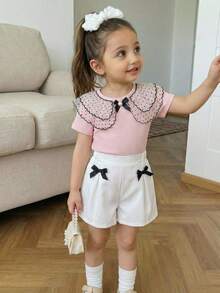 2pcs/Set Young Girls Cute Sweet Polka Dot Ruffle Collar T-Shirt And Elastic Waist 3D Bow Skort, Casual & Fashionable Summer Outfit For Little Girls - Pink - View 1