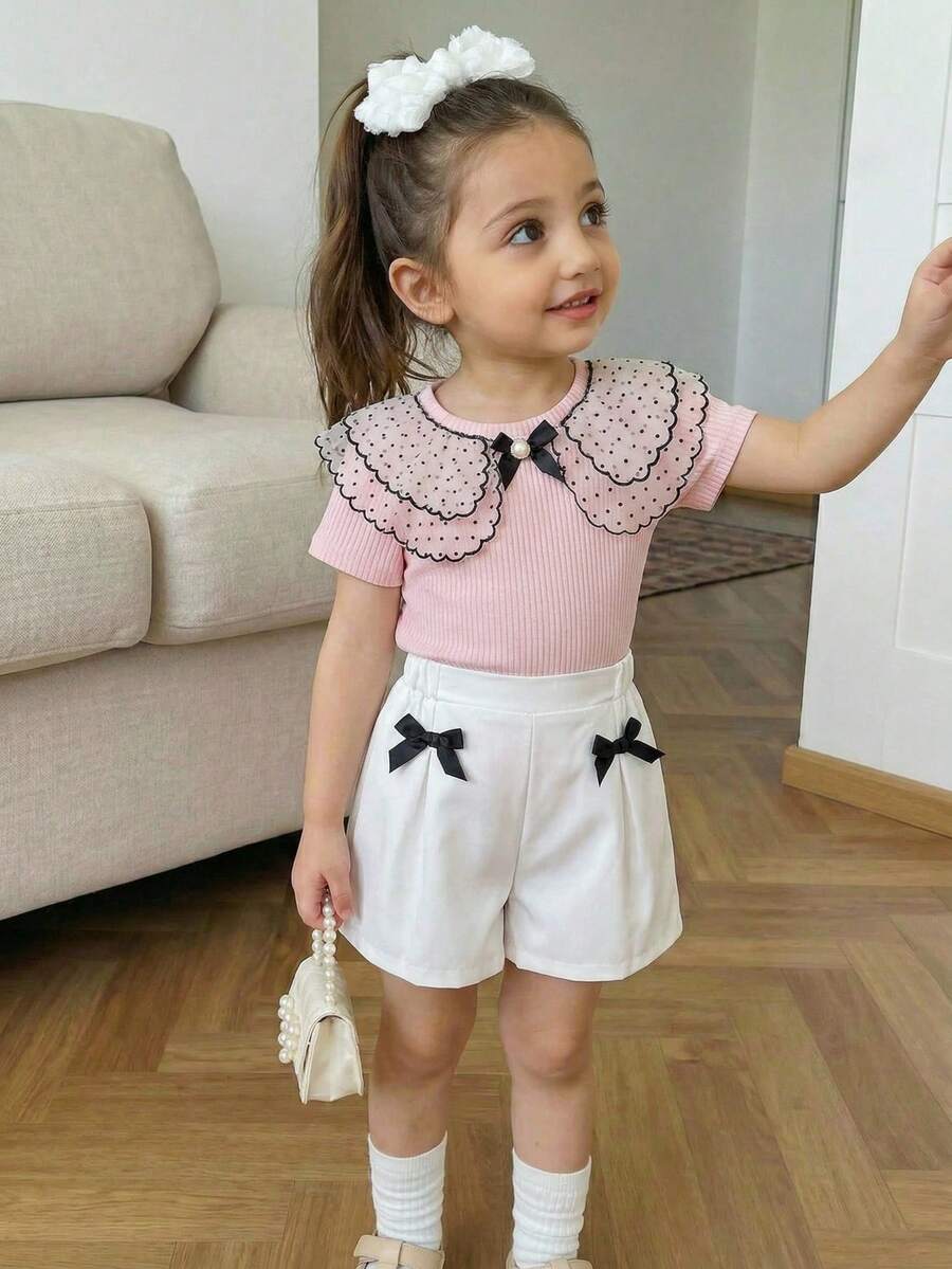 2pcs/Set Young Girls Cute Sweet Polka Dot Ruffle Collar T-Shirt And Elastic Waist 3D Bow Skort, Casual & Fashionable Summer Outfit For Little Girls - Pink - View 1