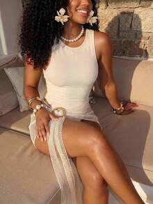 SHEIN BamGlam Women's Mesh Hollow Out Sleeveless Circular Buckle 2-Piece Set - Apricot - View 3