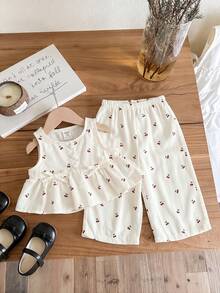 SHEIN LMoss Kids Conjunto Casual e Fofo de Verão para Bebê Menina, Top Regata e Calça com Cintura Elástica - Bege - Visão 3