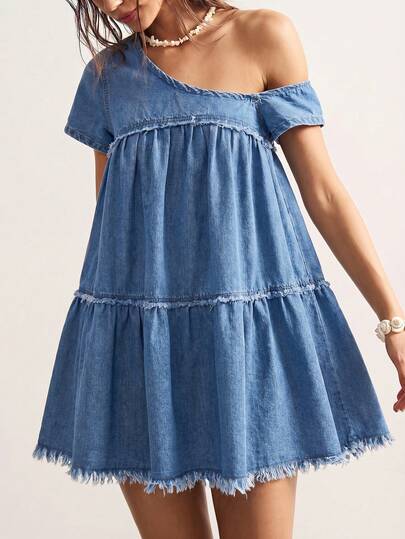 Bohemela Vestido de mezclilla casual de mujer con hombro asimétrico fruncido, adecuado para uso diario