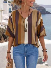 SHEIN LUNE Áo sơ mi đi nghỉ & áo sơ mi thường ngày sọc khối màu dành cho nữ - Màu Khaki - Xem 2