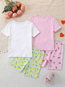 4pcs/Set Teen Girl Snug Fit Pajama Set,Lemon & Cherry Fruit Print,Green And White,Summer,Cute,Family Matching,Round Neck Short Sleeve Shorts Pajamas - Multicolor - View 2