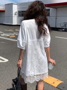 DAZY Vestido de mujer de 2 en 1 con mangas cortas y parches de encaje - Blanco - Ver 4