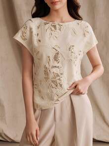 Anewsta Áo thun ngắn tay nữ mùa hè mới, thanh lịch, thêu ren đính sequin màu mơ, áo sequin nữ, trang phục nghỉ dưỡng nữ, thích hợp cho đi chơi, kỳ nghỉ, đi làm, công sở, áo thun nữ thường ngày. - Màu be - Xem 9