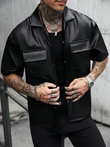 SLATEMANN Men's Summer Casual Fashion Street PU Leather Short Sleeve Flap Pocket Cargo Shirt - Black - View 6