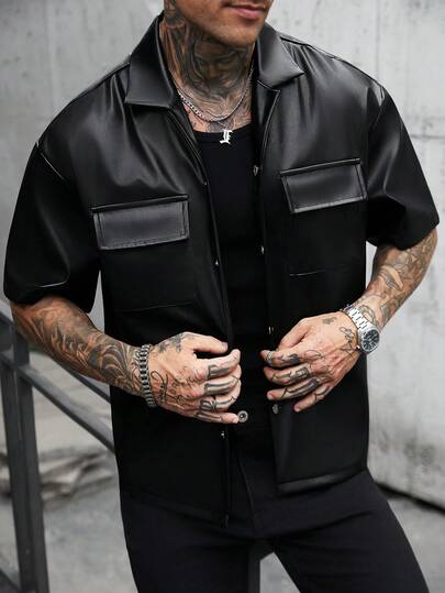 SLATEMANN Bărbați cămașă cargo cu mânecă scurtă din piele PU, stil casual de vară, stil cargo