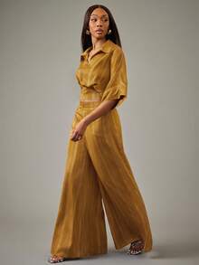 NYA SZN Matching Set Zip Up Top Wide Leg Pant Striped - Yellow - View 7
