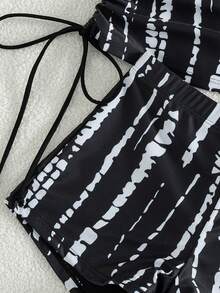 SHEIN Swim Swim Lushore-D Women's Summer Black Striped Print Criss-Cross Front Slimming Camisole Strap Bikini Swimwear For Beach Vacation Tropical - Multicolor - View 4