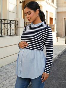 MaterniWear Maternity Striped Print 2 In 1 Nursing Top With Long Sleeve - Navy Blue - View 2