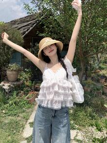 DAZY 女士波点吊带休闲荷叶边下摆度假背心 - 白色 - 查看 6