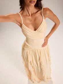 SHEIN BAE Apricot Pleated Ruffle Hem Maxi Dress, Romantic Sheer Chiffon Party Gown For Spring/Summer,Dresses For Women Summer - Apricot - View 1