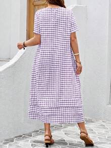 EMERY ROSE Plus Size Women's Summer Beach Vacation Style Printed Ruffled Hem Loose Dress - Purple - View 2