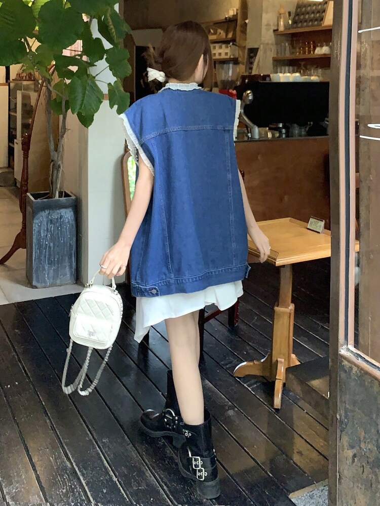 Women's Loose Casual Patchwork Contrast Color Denim Blouse, Spring & Summer