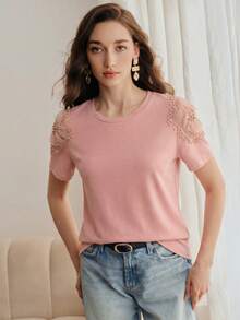 2026 Camiseta ajustada de mujer de manga corta con cuello redondo, diseño de hombros calados y cuentas de unicolor - Rosa - Ver 7