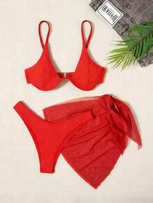 Swim Vcay Conjunto de 3 piezas de bikini de verano para mujer de unicolor y sexy, con parte superior tipo tankini y falda, incluye sujetador con aros - Café integral - Ver 9