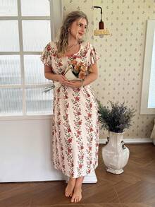 CottageSlumber Plus Size Women's Casual Floral Print Double Ruffle Collar Long Nightgown - Multicolor - View 10