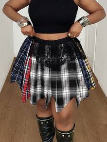 Maweii Punk Style Plaid Contrast Lace Mini Skirt, Elastic Waist Asymmetric Hem Sweet & Cool Girl Versatile A-Line Skirt - Multicolor - View 4