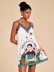 Travachic Frida Kahlo X SHEIN Women's Casual Frida Collaboration Floral & Peacock Print Mini Dress, Chic For Spring/Summer, Suitable For Vacation & Beach - Multicolor - View 4