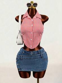 Spring And Summer Back Tie Bow-Knot Casual Design Sense Shirt - Red and White - View 5