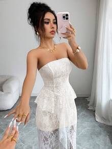 Elenzga Đầm nữ mùa hè màu trắng ren, chất liệu vải dệt kim màu mơ, không dây vai, ôm sát eo thấp, dáng suông, xếp ly, phối nhiều lớp phía trước, xẻ tà cao, kiểu đuôi cá. - trắng - Xem 6