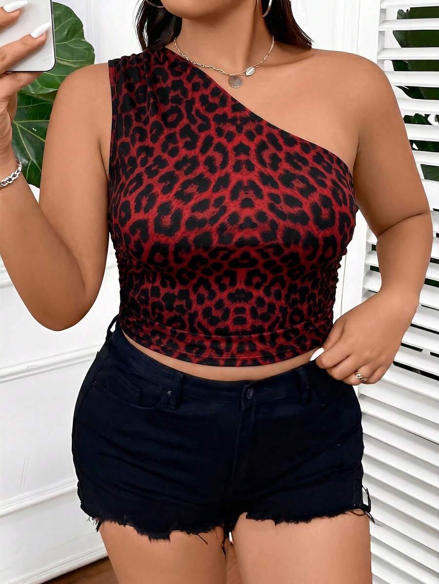 SHEIN EZwear 大码女式豹纹褶皱单肩上衣 - 紅色 - 查看 1
