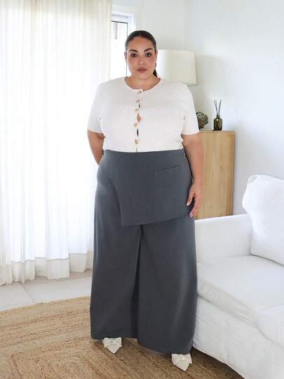 Pretty and Ole 大码女式深灰色翻边正装裤，适合返校季、秋冬季工作装，阔腿翻边中腰裤，两用裤，宽松舒适，商务休闲皆宜。