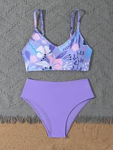SHEIN 少女印花比基尼套装，紫色心形领三角泳衣两件套，时尚休闲优雅，适合游泳、度假、夏季女孩泳装套装，款式简约，两件套比基尼套装，高腰比基尼套装，女孩沙滩比基尼套装，两件套泳衣，女孩两件套泳装，紫色泳衣，紫色比基尼套装，紫色两件套泳衣，薰衣草色泳衣，高腰比基尼套装，高腰女孩两件套泳衣，女士两件套泳衣，高腰 - 紫色 - 查看 4