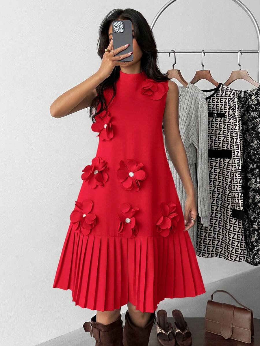 Đầm thanh lịch cho thiếu nữ, cổ tàu, họa tiết hoa, gấu váy xếp ly, dáng chữ A. - Đỏ - Xem 1