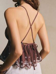 Poéselle Áo camisole nữ thêu hoa, xếp ly, kiểu dáng thường ngày, đa năng. - màu nâu - Xem 3