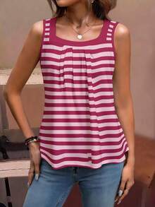 EMERY ROSE Plus Size Women Colorblock Graphic Tee, Striped Tank Top Shirt Holiday Pink Summer Traditional - Multicolor - View 4