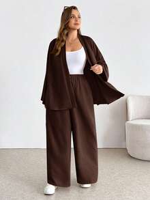 Shapeblank Plus-Size Women's Brown Autumn Smart Casual Everyday Long-Sleeved Cardigan & Elastic Waist Wide-Leg Pant Set,Loose Comfortable Two Pieces Work Outfits - Brown - View 4