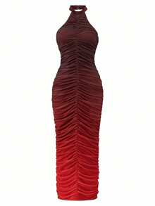 Elenzga Đầm midi ôm sát dáng dài mùa hè dành cho nữ, cổ yếm, màu đỏ ombre, chất liệu lưới, xếp ly, gợi cảm, xẻ tà, thích hợp cho các buổi tiệc tối, hẹn hò, du lịch, lễ tốt nghiệp, các bữa tiệc. - Nhiều màu - Xem 6