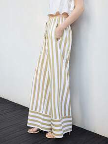 Lumivelle 新款女款純棉條紋長褲，適合春/夏季度假、休閒穿著與通勤 - 杏色 - 查看 8